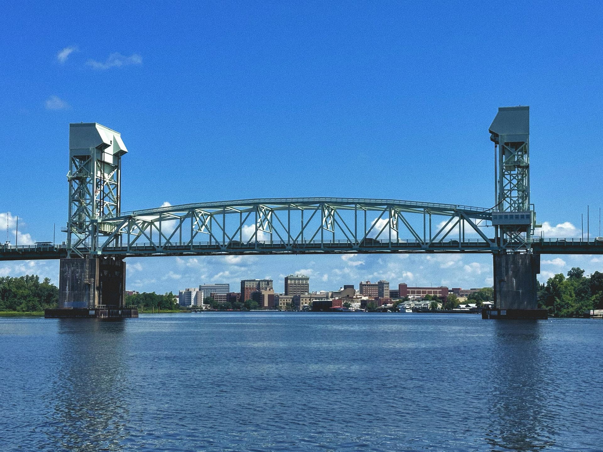 The Cape Fear Memorial Bridge crossing the river toward downtown Wilmington