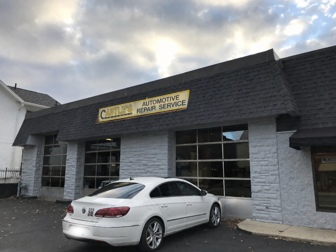 Castle's Automotive Repair Service, the founder's family shop, on an overcast day