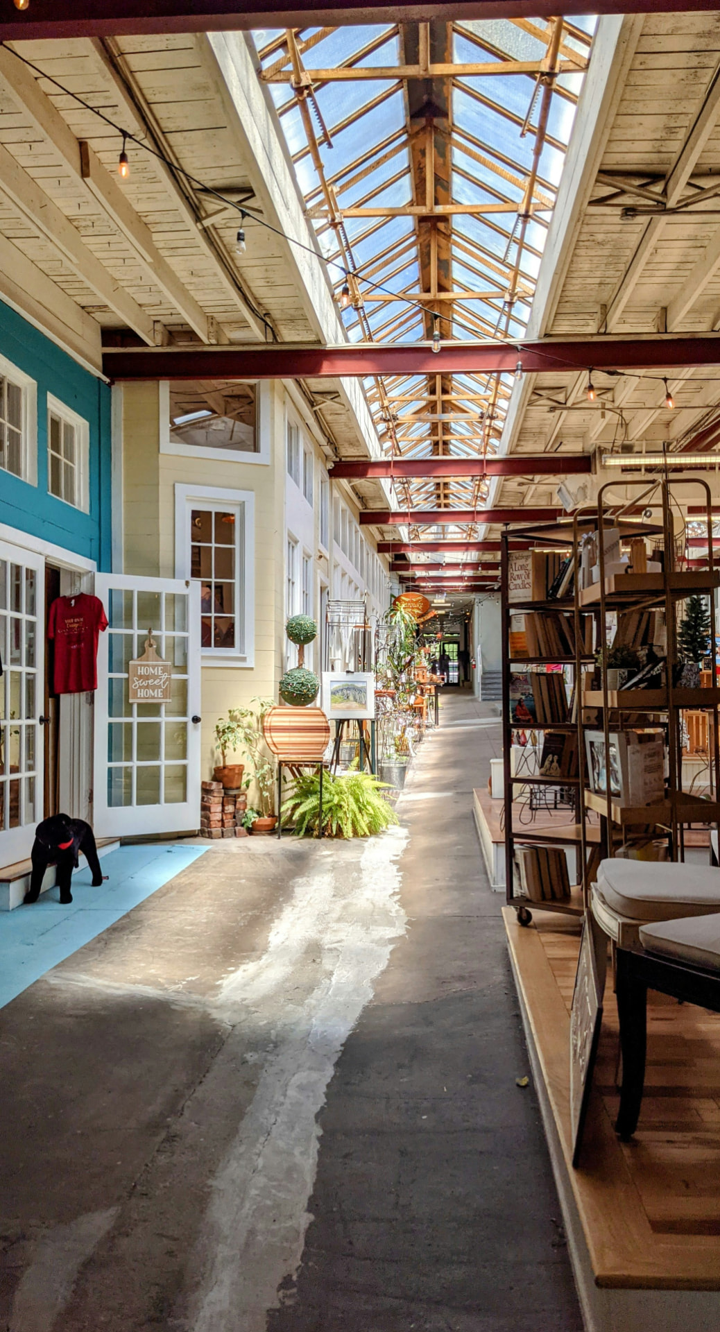 A sunlit row of independent local shops and storefronts